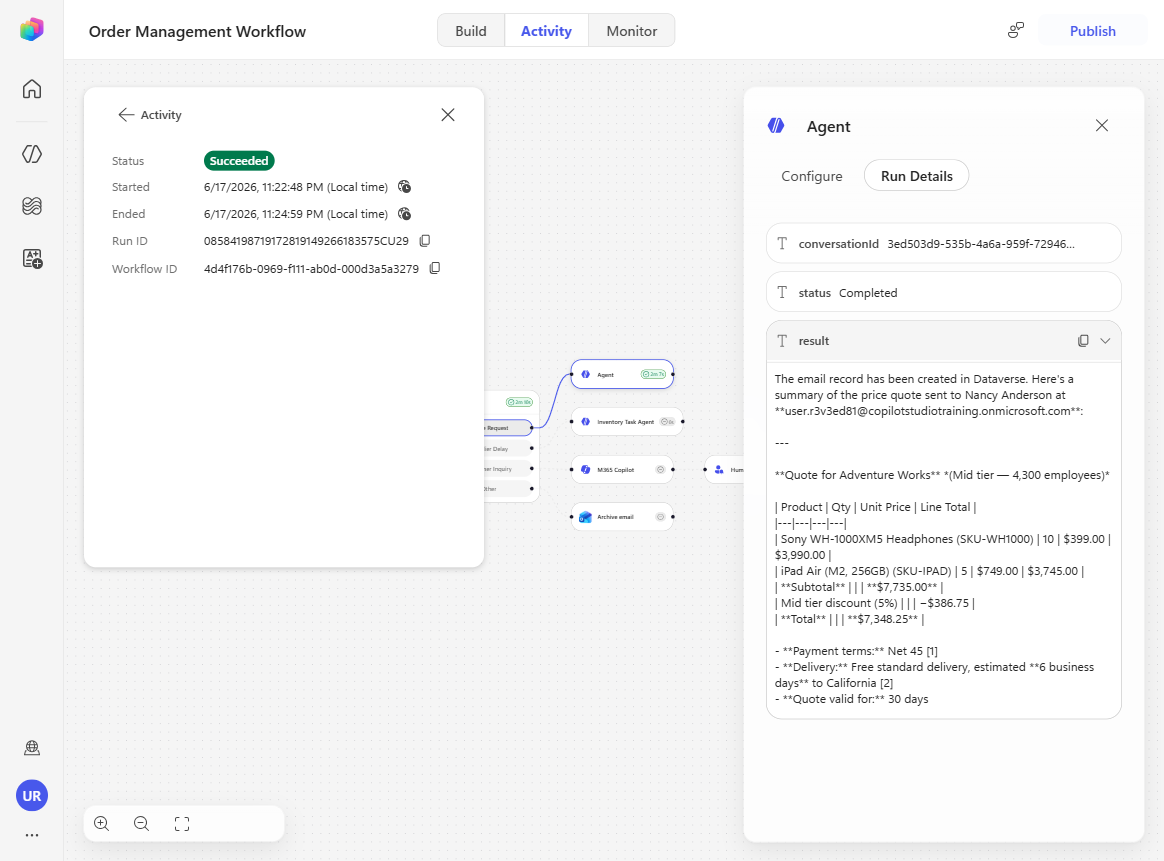 The Quote Request agent run details showing the completion message