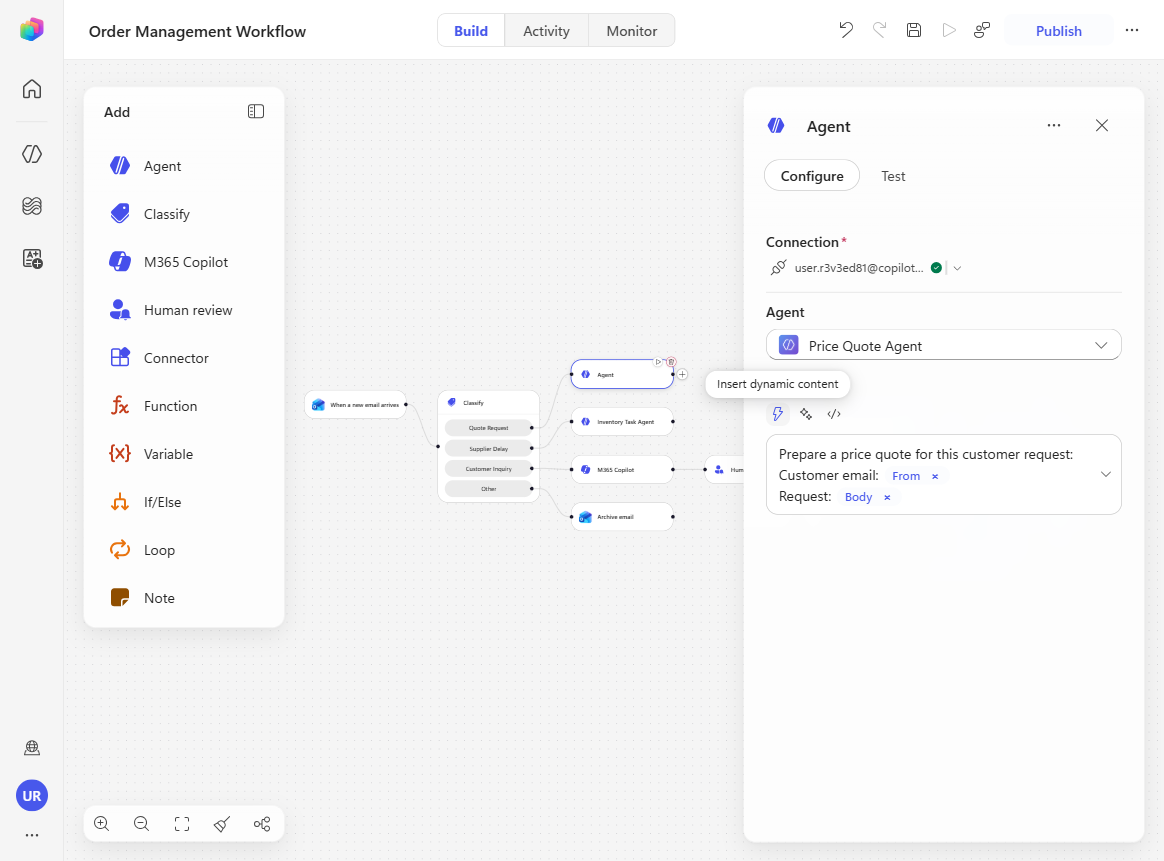 The Quote Request message field with From and Body dynamic tokens inserted