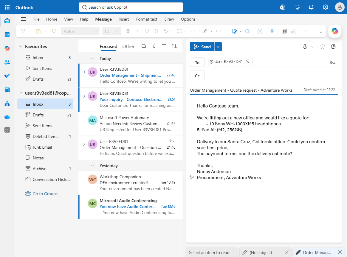 The quote request test email being composed in Outlook