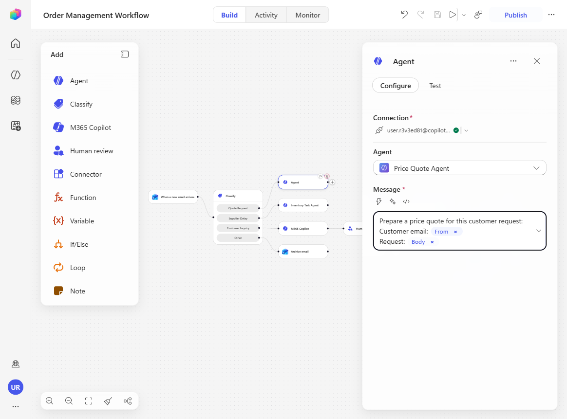 The workflow published after wiring the Quote Request branch to Price Quote Agent