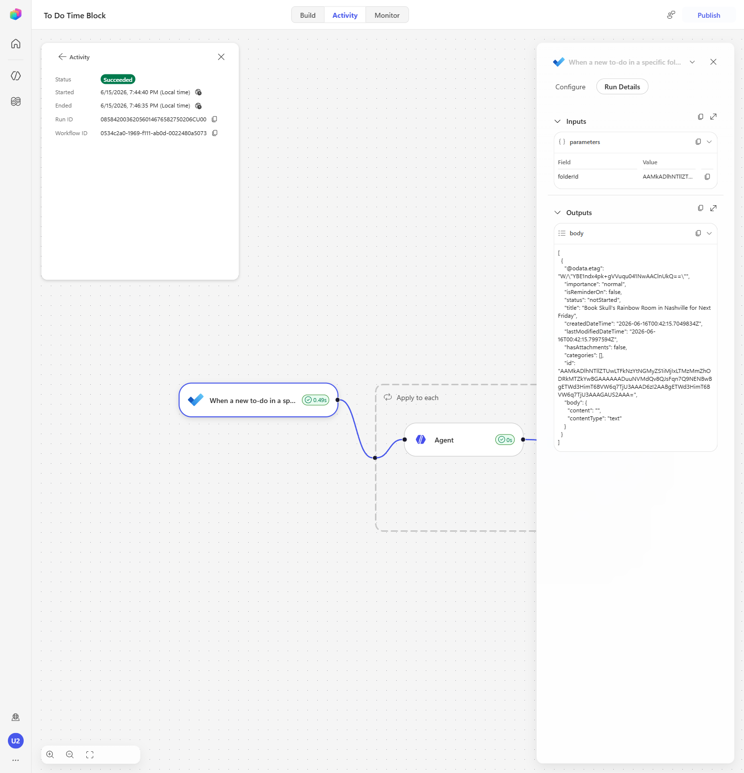 The run executing, with the trigger succeeded and the Agent node in progress