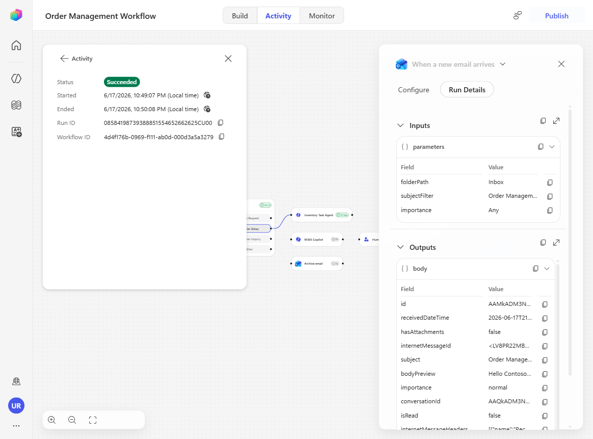 The Activity panel showing the Supplier Delay path and Inventory Task Agent run