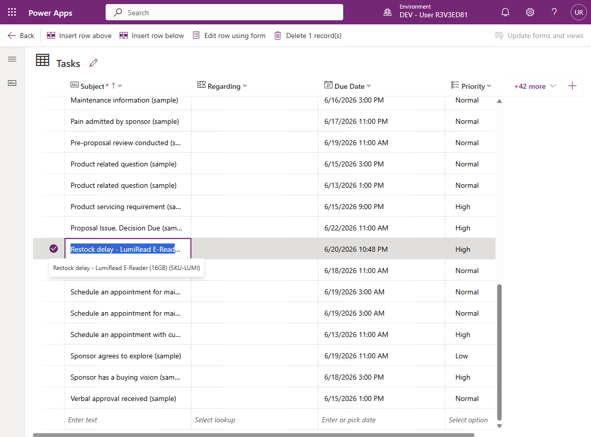 The Dataverse Task row created for the delayed LumiRead shipment