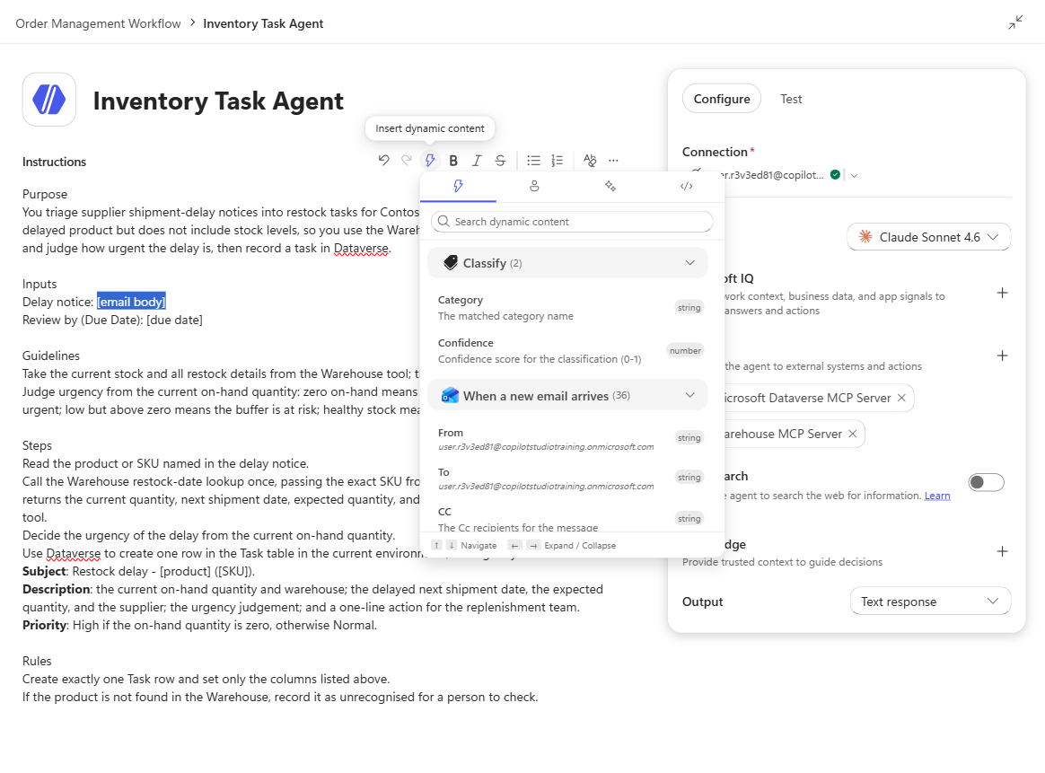 The agent instructions showing Body and due date dynamic expressions inserted