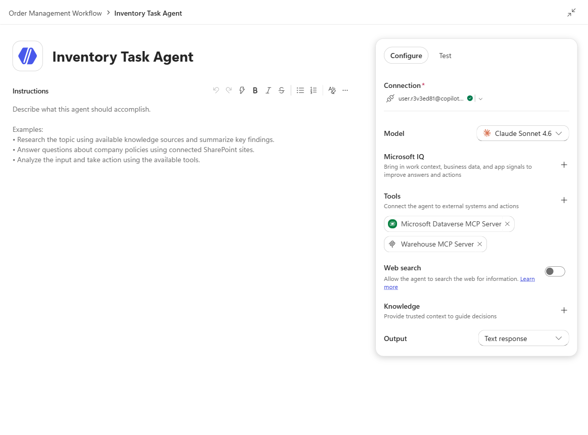 The agent tools panel showing Dataverse MCP and Warehouse MCP connected