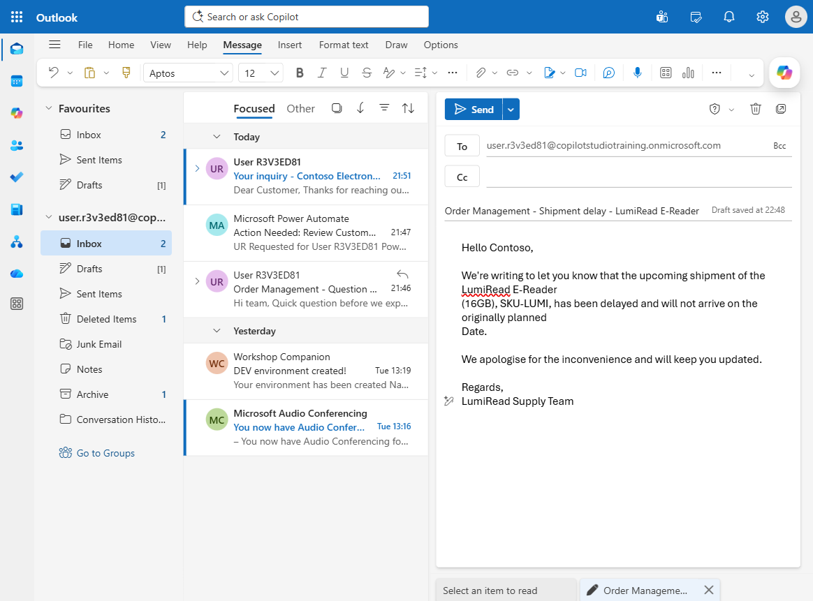 The supplier delay test email being composed in Outlook