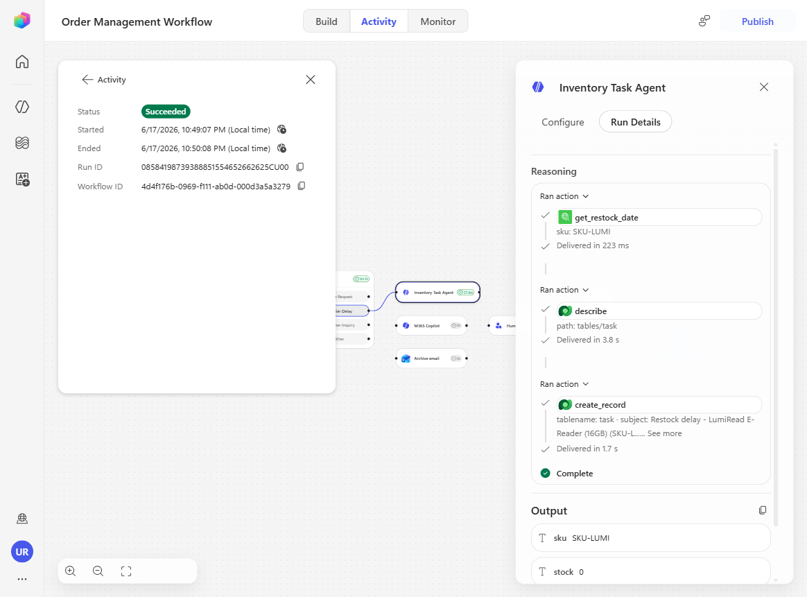The Inventory Task Agent run details showing Warehouse and Dataverse tool calls