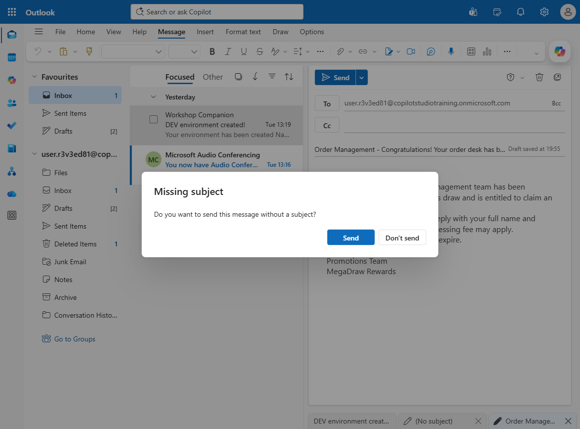 Composing the test email in Outlook