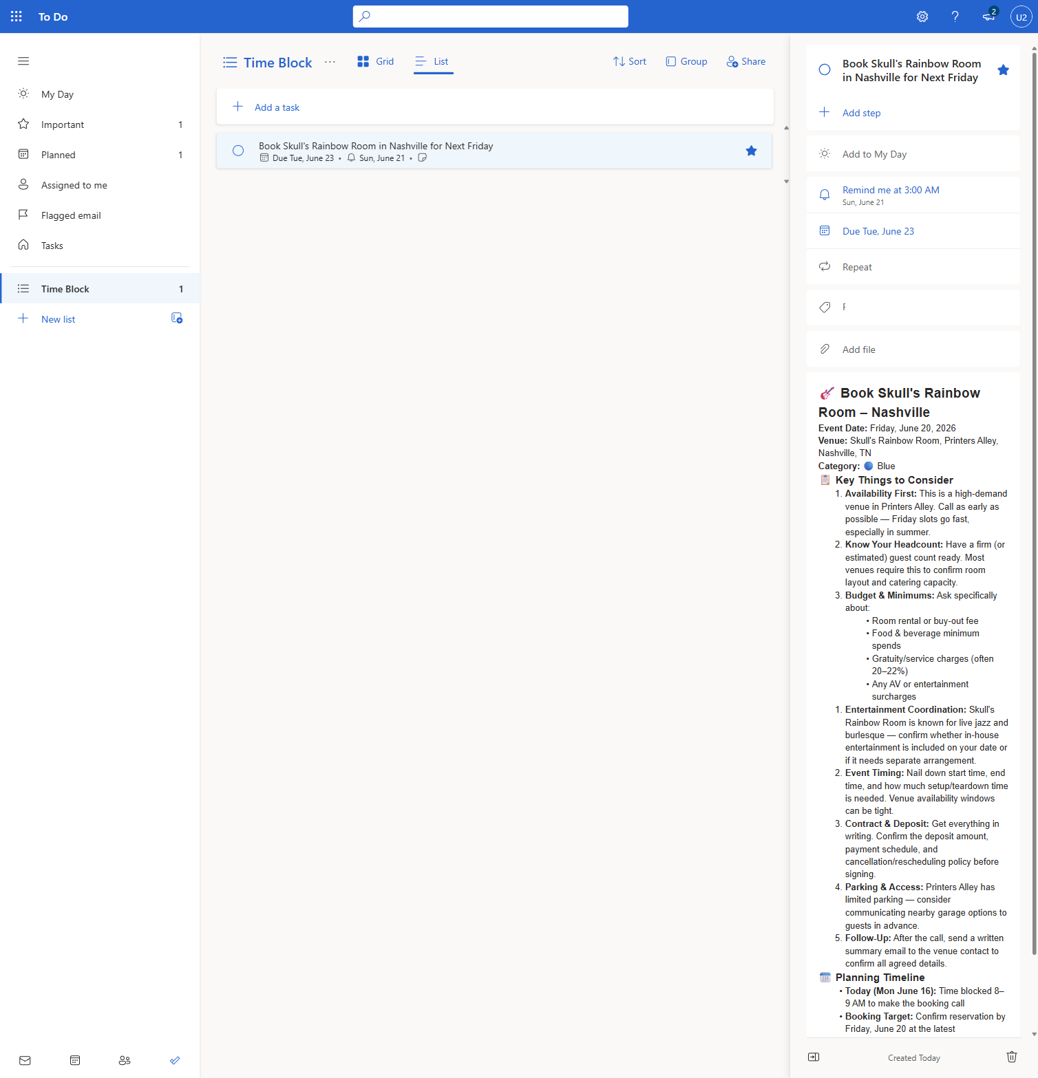 The to-do updated by the agent with due date, reminder, blue category, and formatted notes