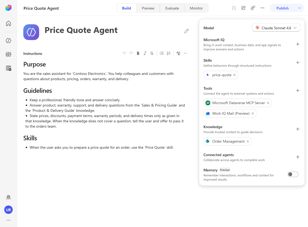 The Price Quote Agent in the new Build experience showing instructions tools and knowledge