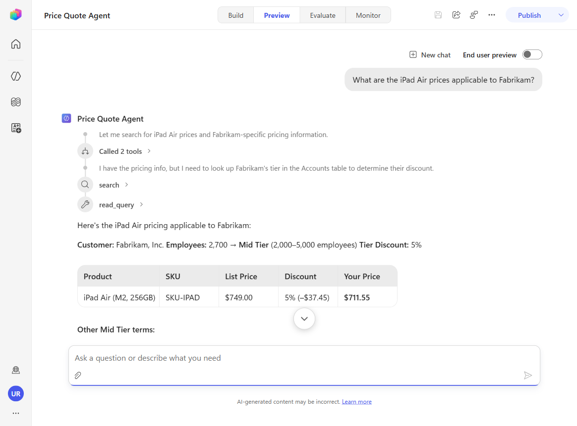 The Price Quote Agent Preview tab showing the Fabrikam pricing question with reasoning