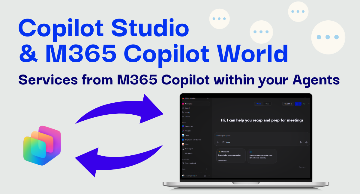 Common image used by Giorgio Ughini in all his posts, with the Copilot Studio icon that is linked to M365 Copilot shown into a laptop