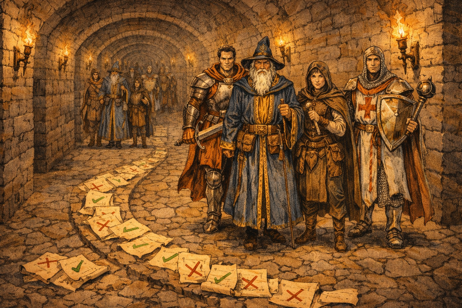 A D&D adventuring party caught in a time loop, surrounded by test result scrolls with checkmarks and X marks