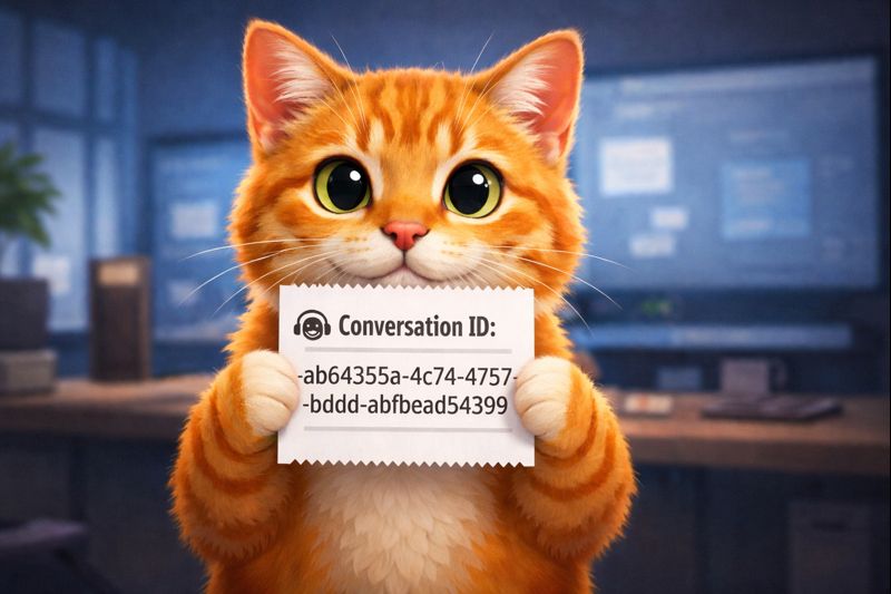 An end user with a cat avatar holds a receipt showing their Conversation ID