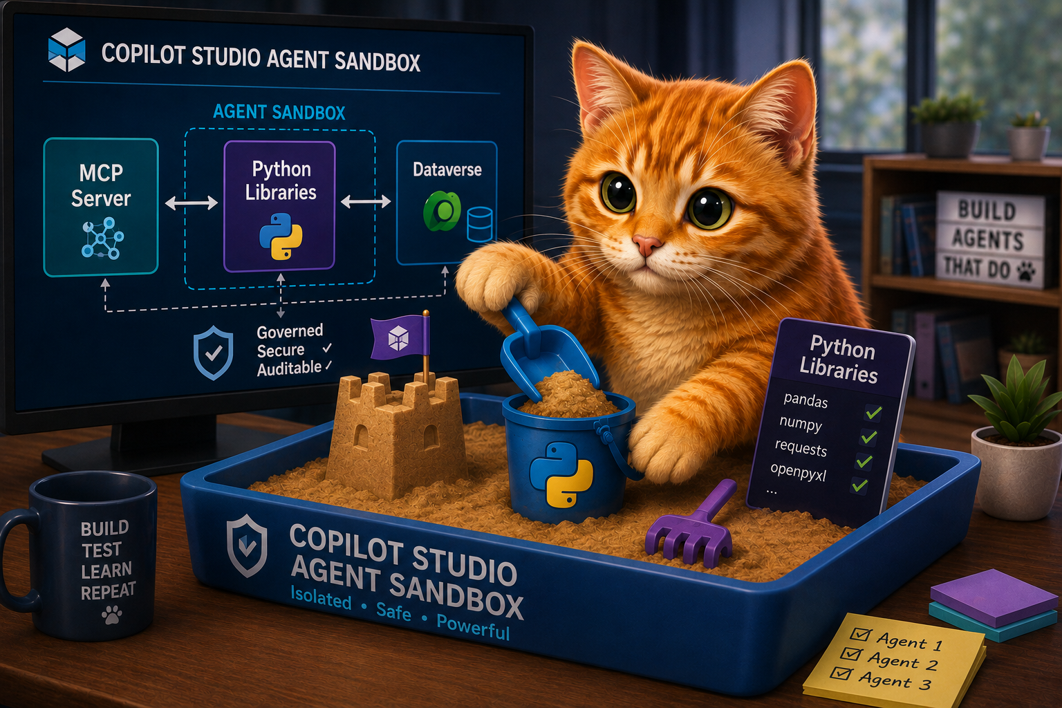 A cat playing in a sandbox labeled Copilot Sandbox