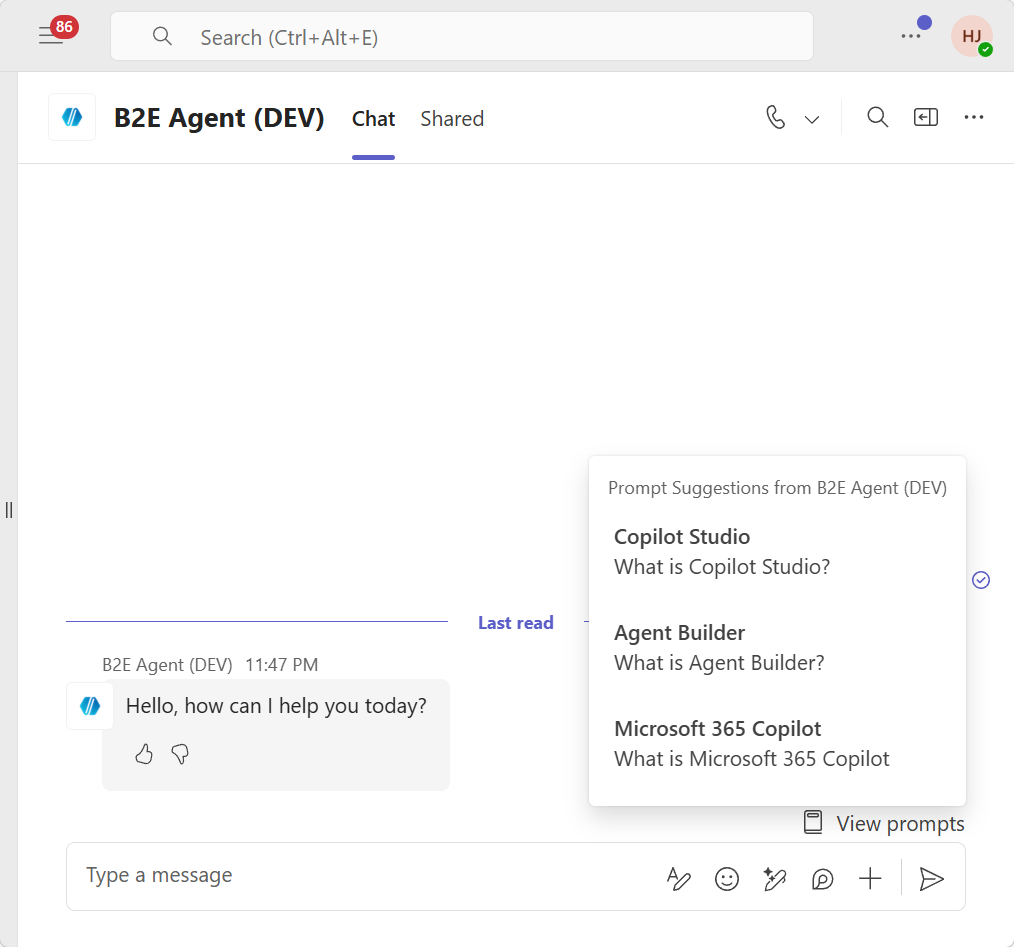 Suggested prompts in Teams