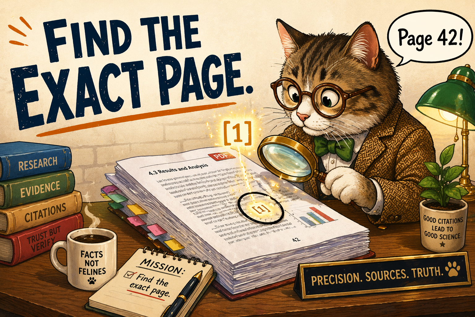 A cat in a tweed jacket using a magnifying glass to find the exact page in a PDF document