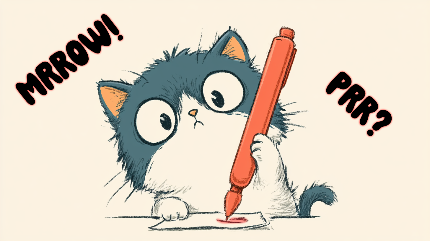 A cat holding a red pen drawing on a piece of paper.