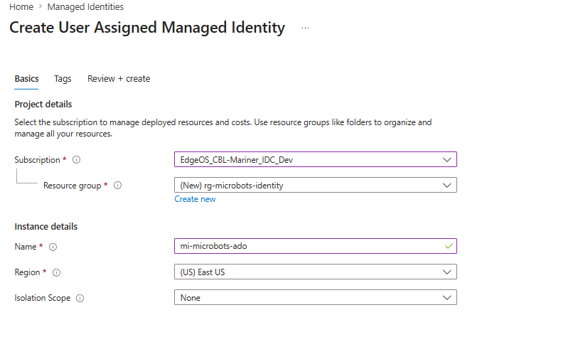 Azure portal — Create User Assigned Managed Identity form