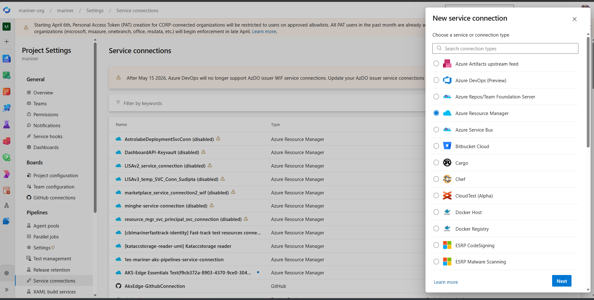 ADO — New service connection, Azure Resource Manager selected