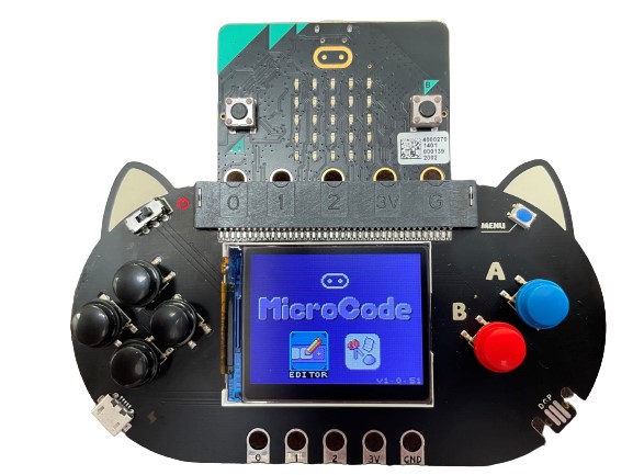 A photograph of a micro:bit Arcade shield displaying the microcode landing page