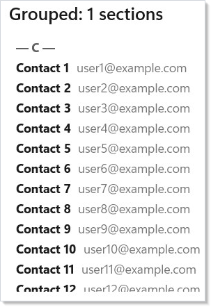 Grouped contacts list with letter section headers