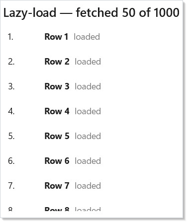 VirtualList with skeleton rows past the loaded high-water mark