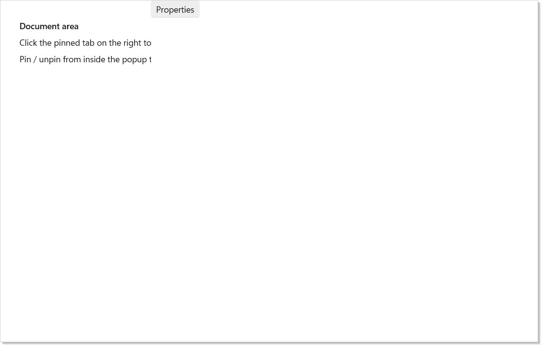 Editor on the left with a Properties tool pinned to the right edge