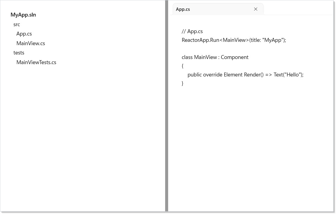 Two-pane docking layout with a Solution tool on the left and an App.cs editor on the right