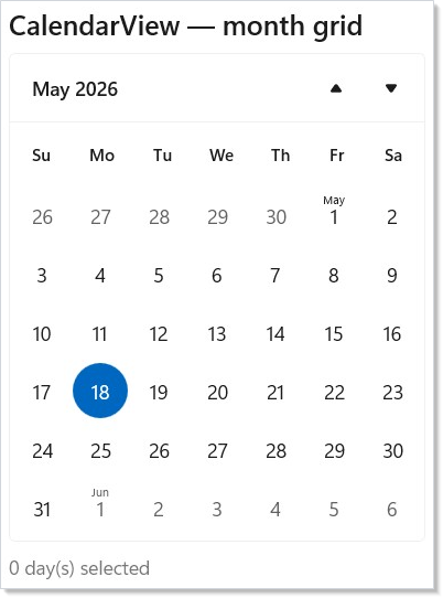 CalendarView month grid with multi-select