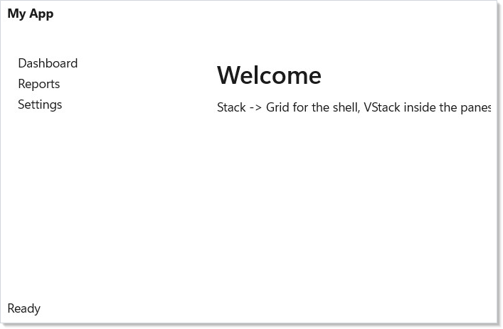 App shell with title bar, sidebar, content, and status bar