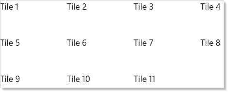 WrapGrid auto-flowing 11 tiles into 4-column rows