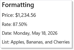 Formatted numbers and dates