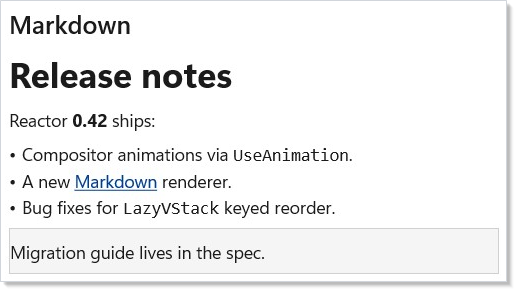 Markdown rendering — heading, list, link, blockquote