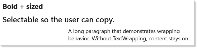 TextBlock with bold/size, selectable, wrapped + trimmed variants