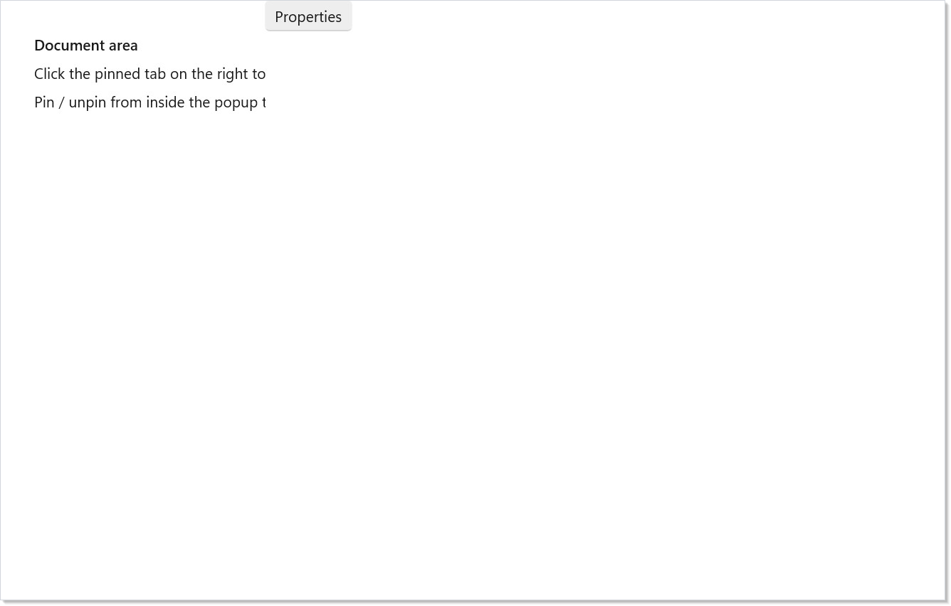 Editor on the left with a Properties tool pinned to the right edge