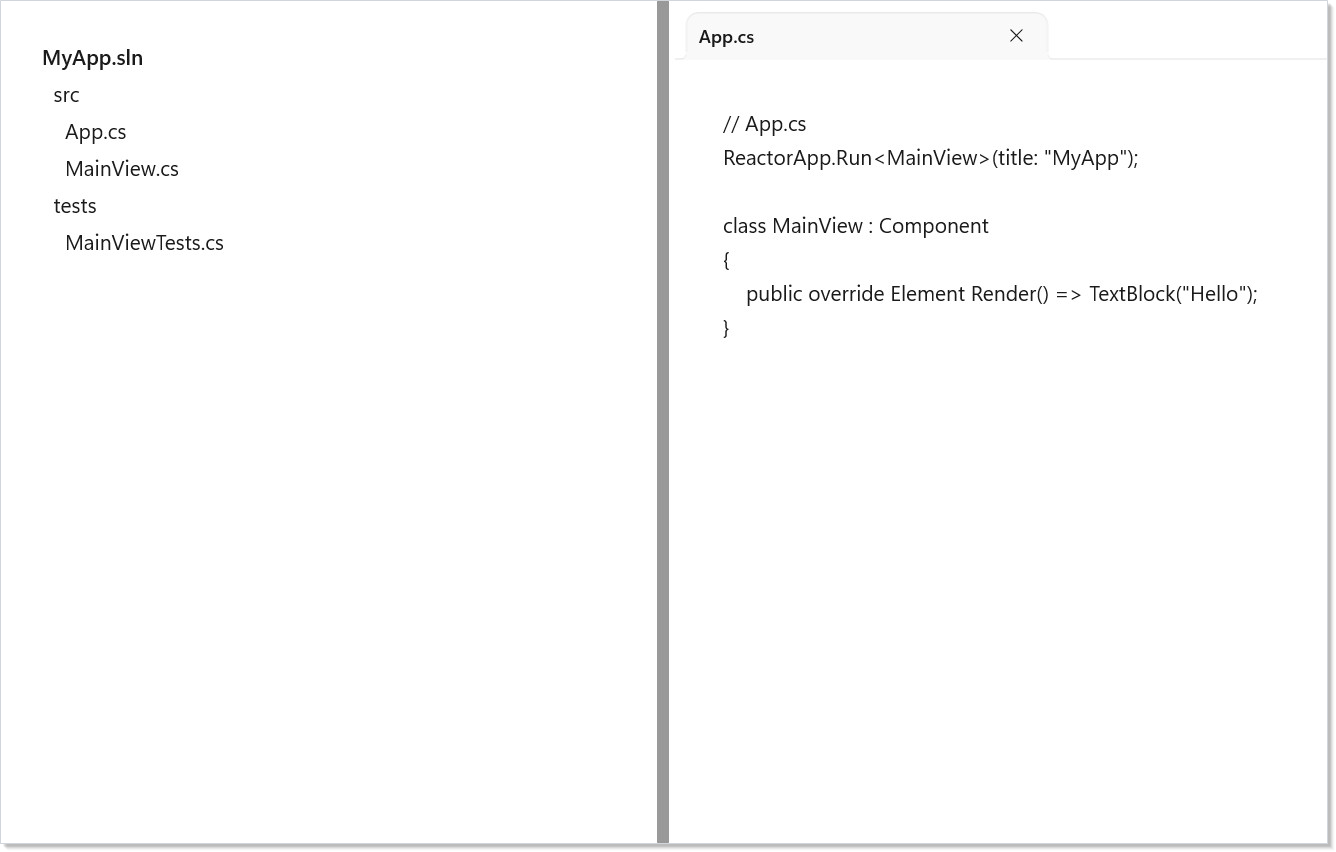 Two-pane docking layout with a Solution tool on the left and an App.cs editor on the right