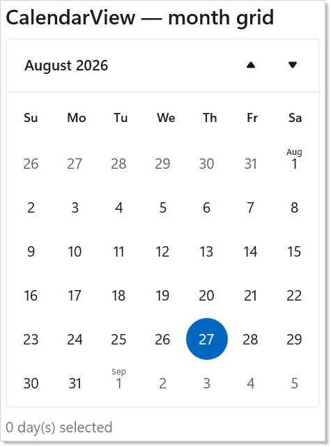 CalendarView month grid with multi-select
