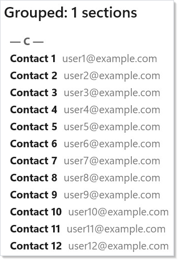Grouped contacts list with letter section headers