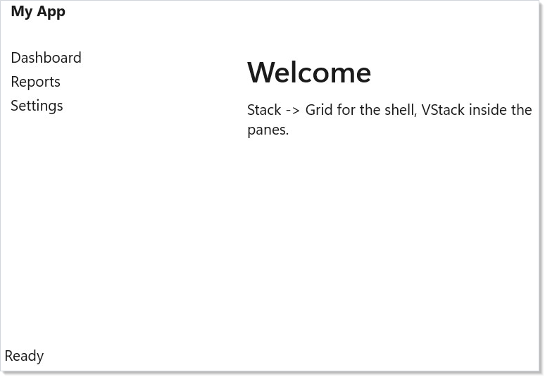 App shell with title bar, sidebar, content, and status bar