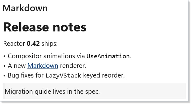 Markdown rendering — heading, list, link, blockquote
