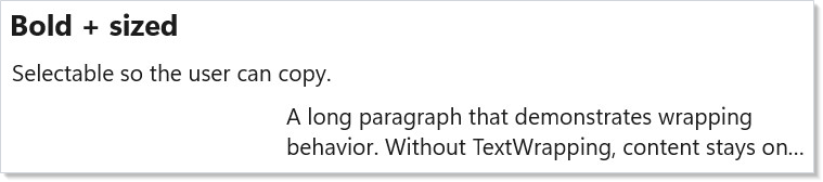 TextBlock with bold/size, selectable, wrapped + trimmed variants