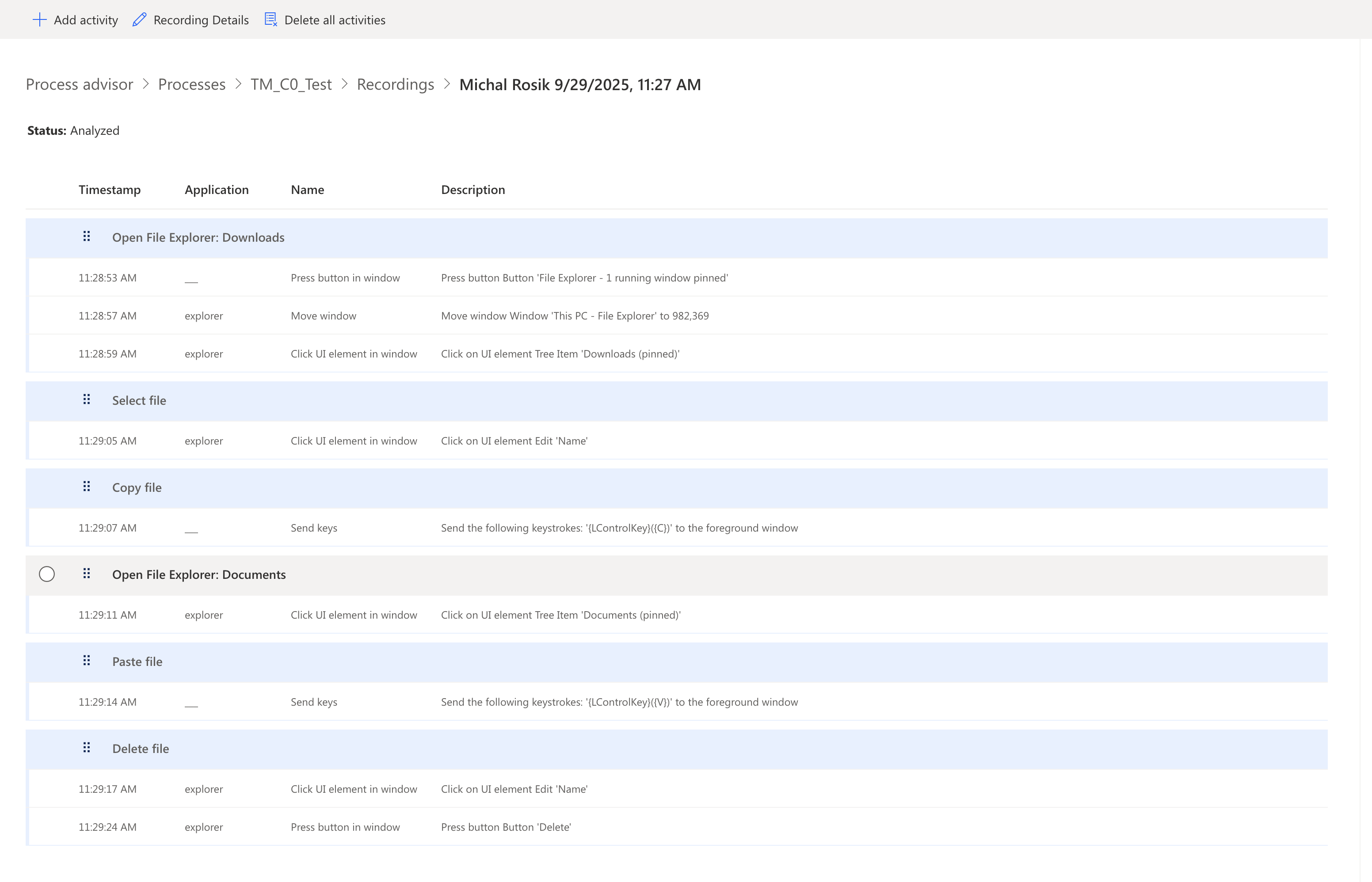 Recording with identified activities