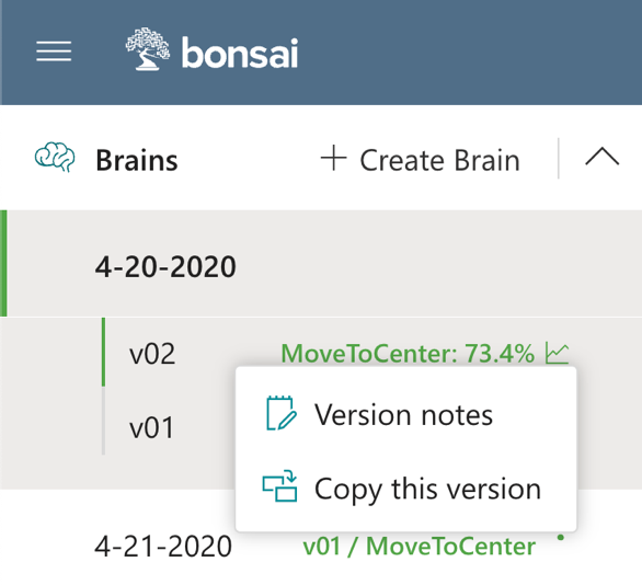 Brain version context menu