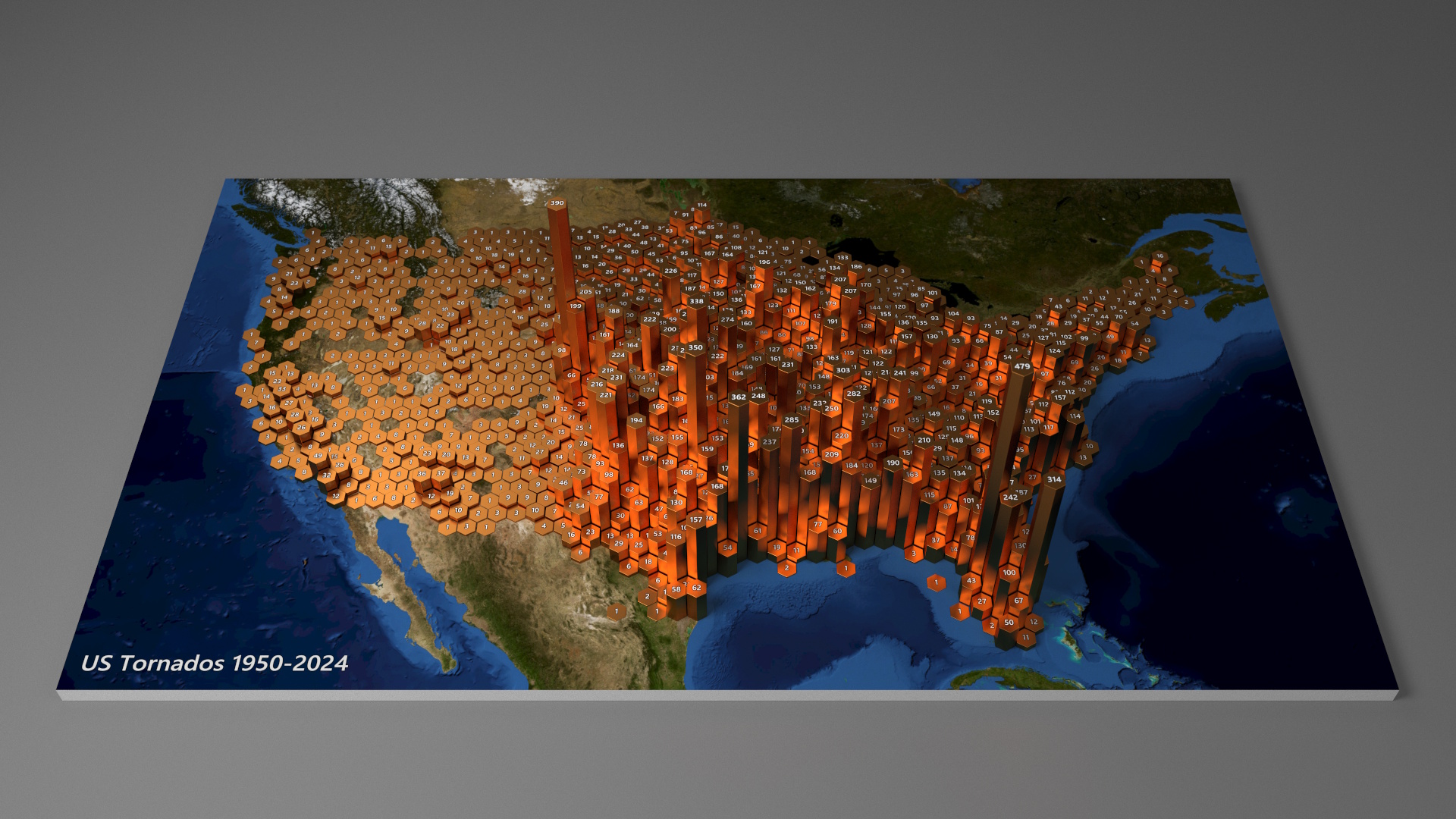 US Tornados Mercator hex bin example