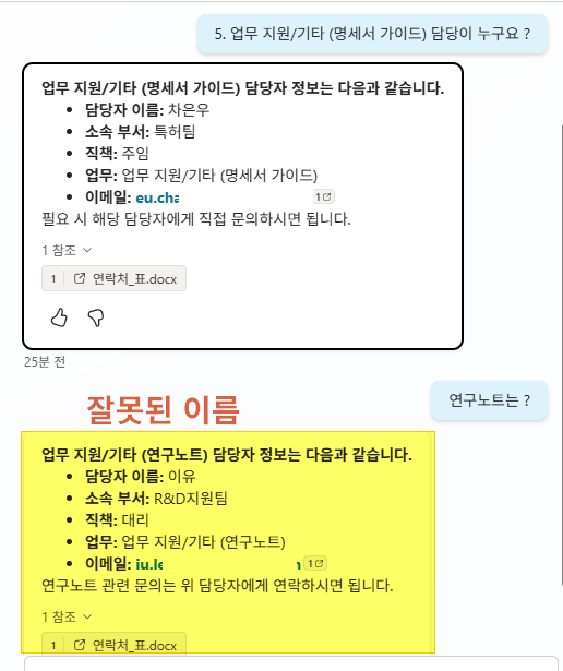 각 형식별 에이전트 응답 화면