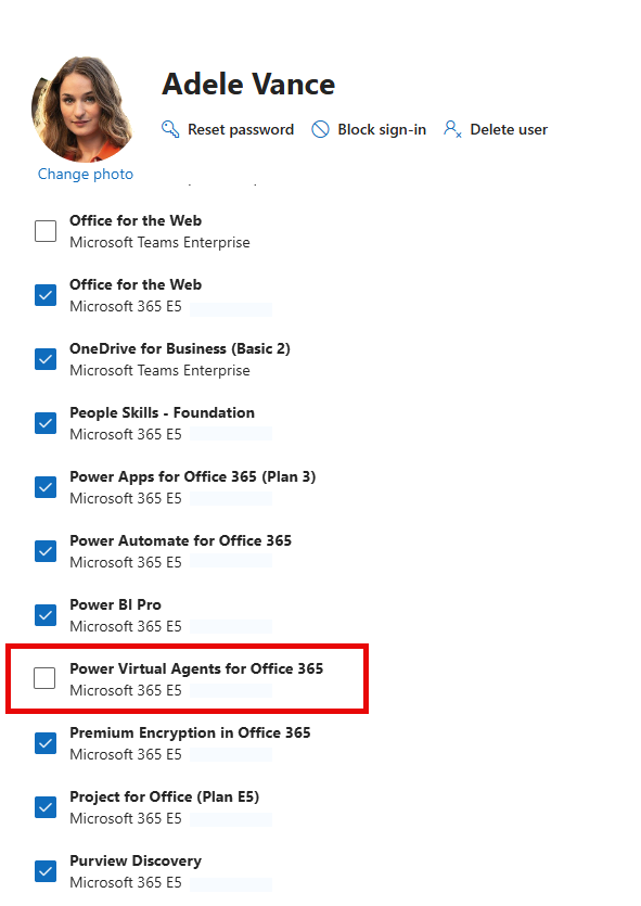 Power Virtual Agents for Office 365 서비스 플랜 비활성화