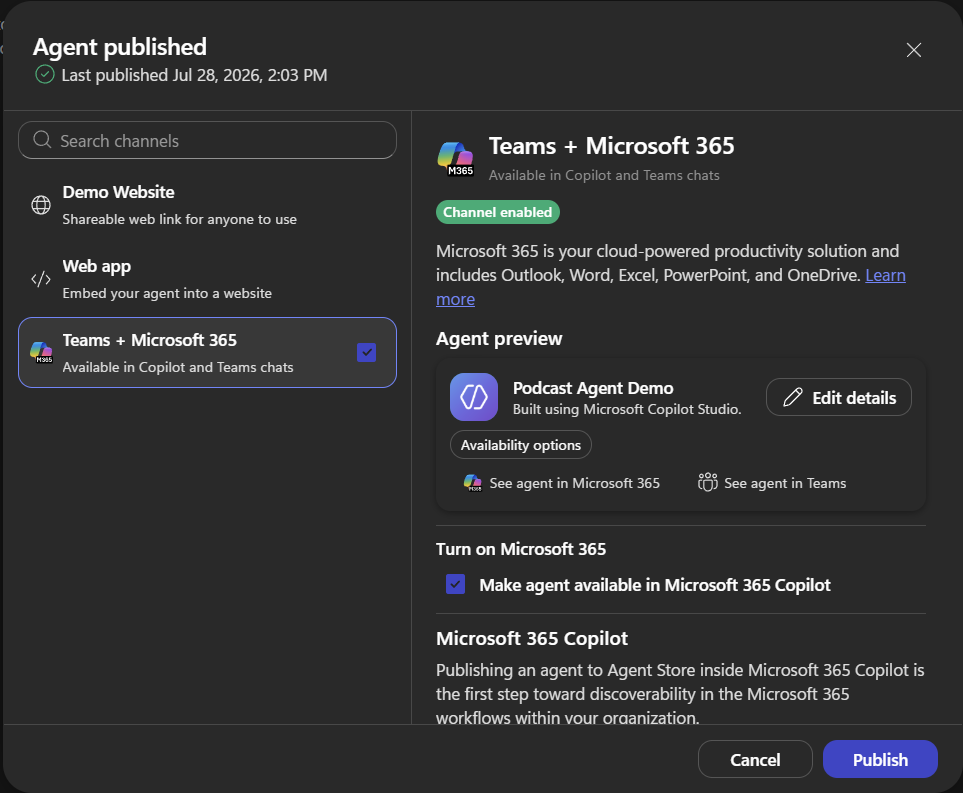 에이전트에 Teams와 Microsoft 365 Copilot 채널 활성화