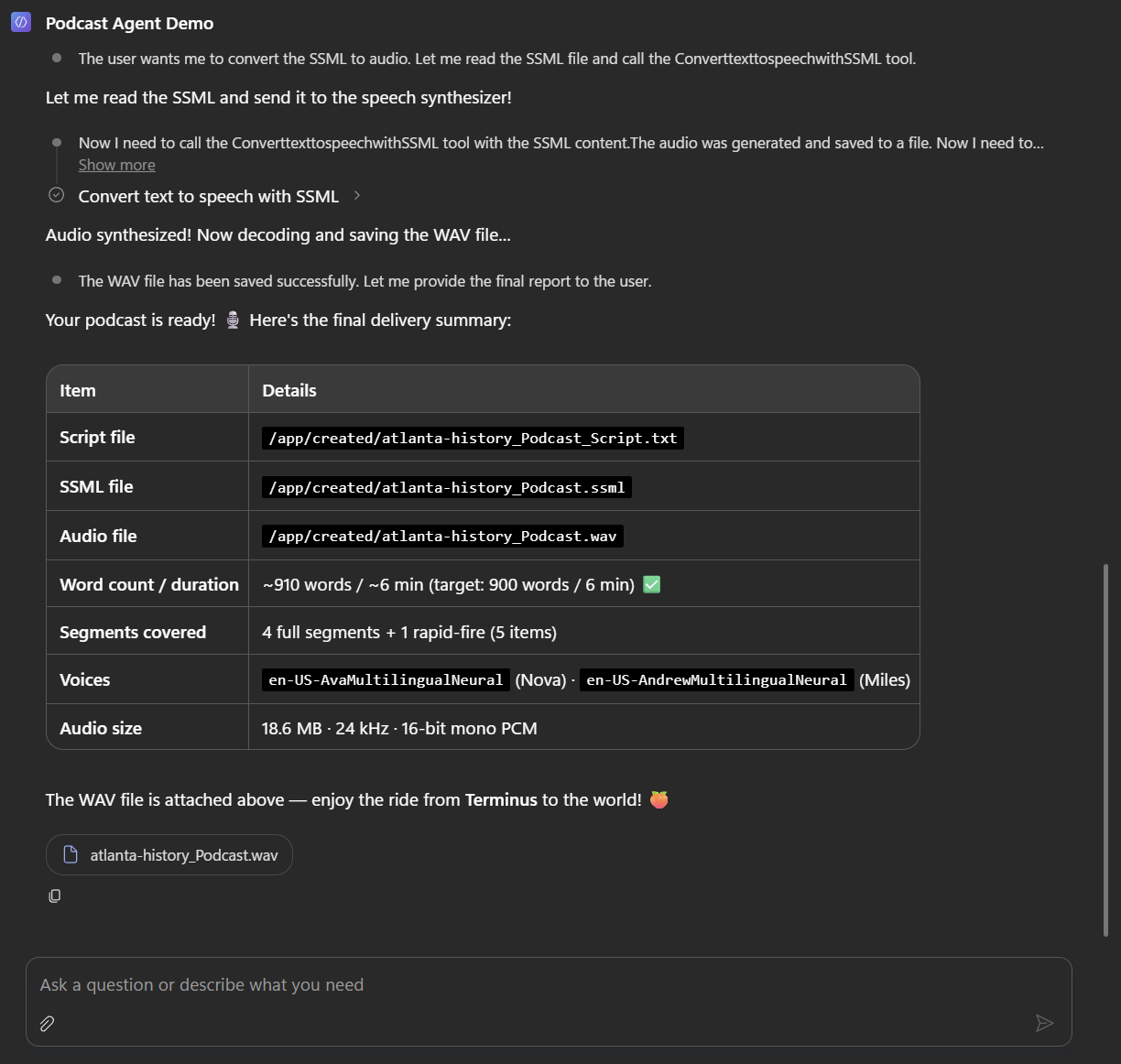 Copilot Studio 테스트 창에서 실행된 팟캐스트 에이전트 — 세그먼트 요약 표와 생성된 오디오 파일