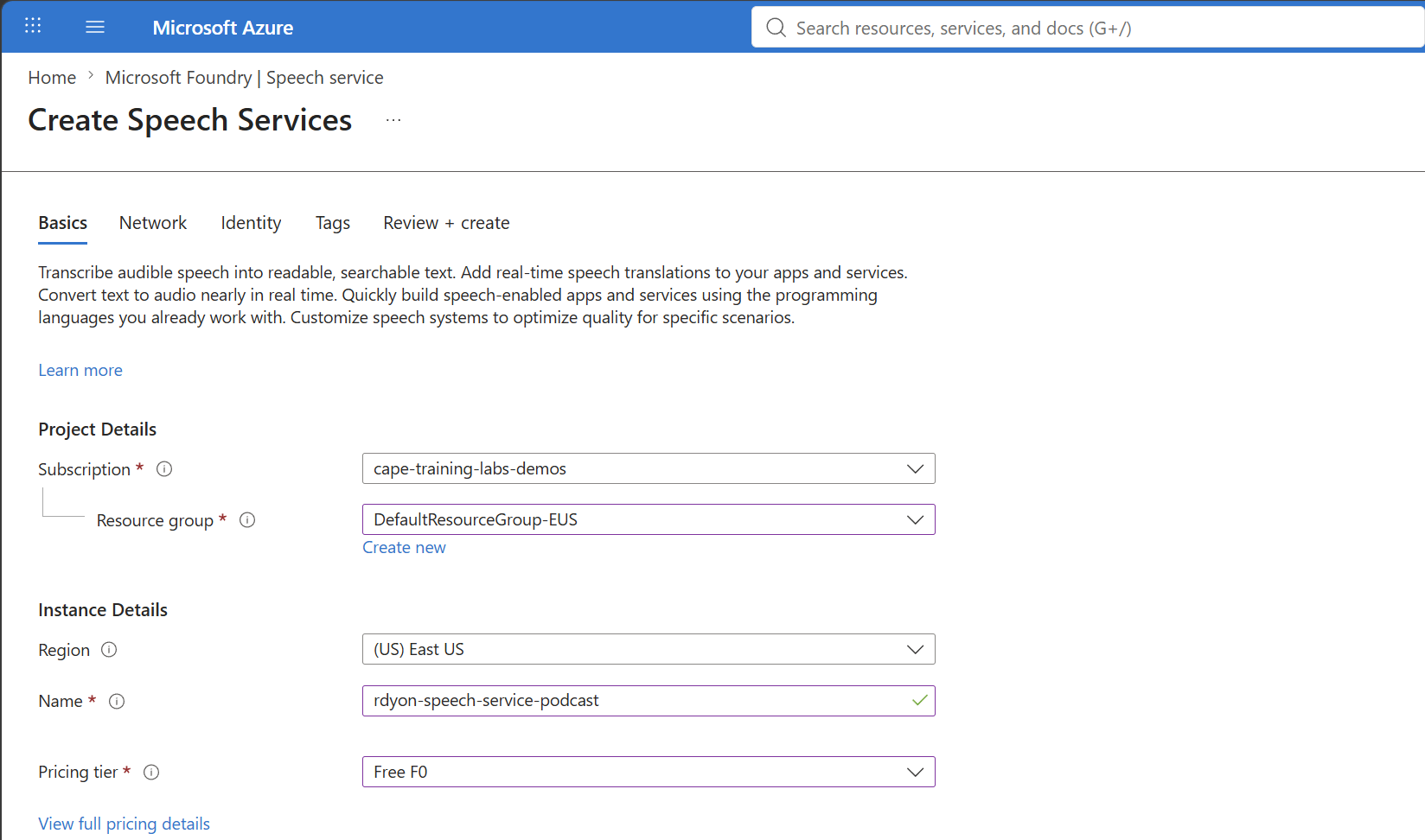 Azure 포털에서 Speech service 리소스 생성